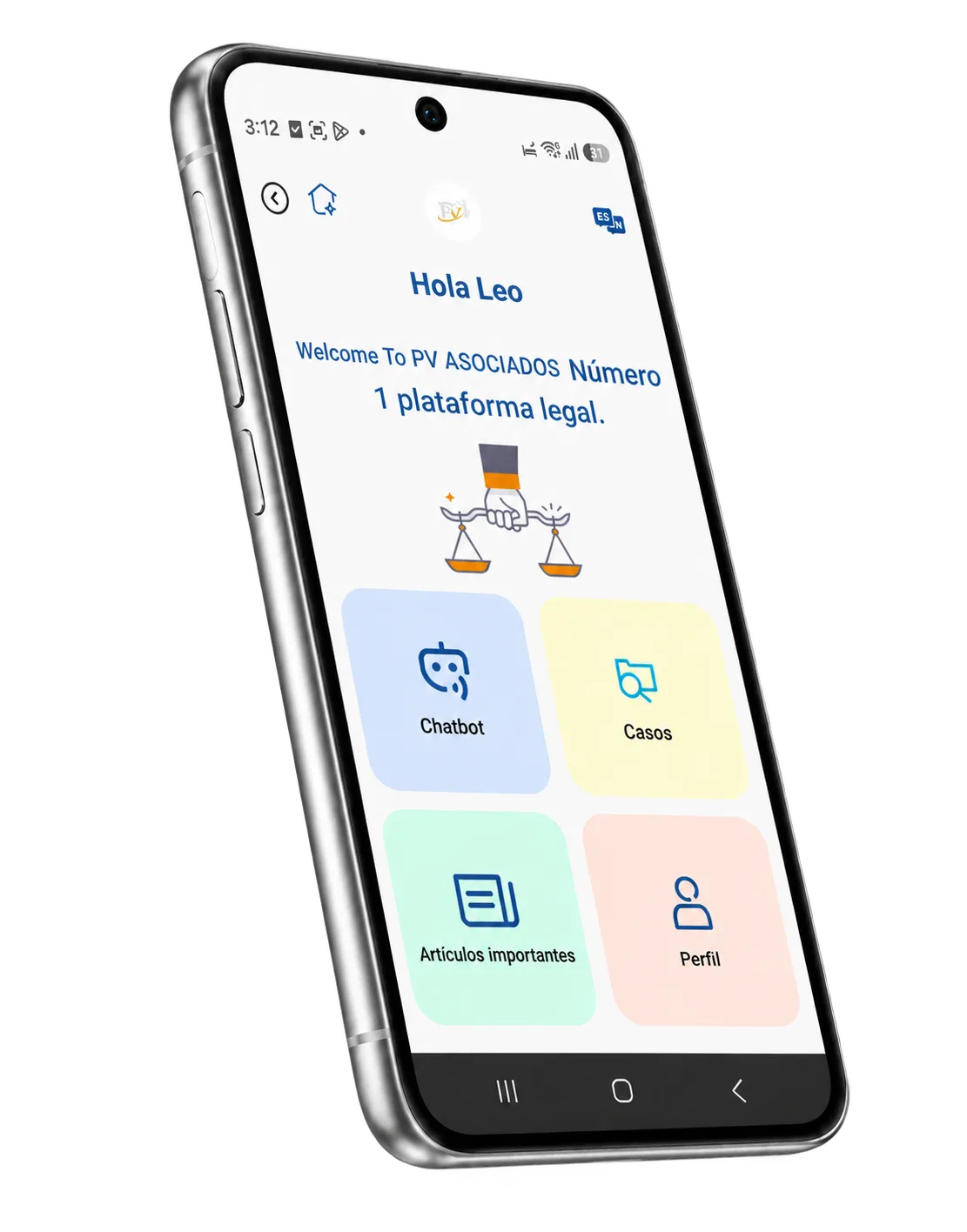 Pantalla de inicio de la app PV & Asociados con accesos a chat, casos, artículos y perfil.
