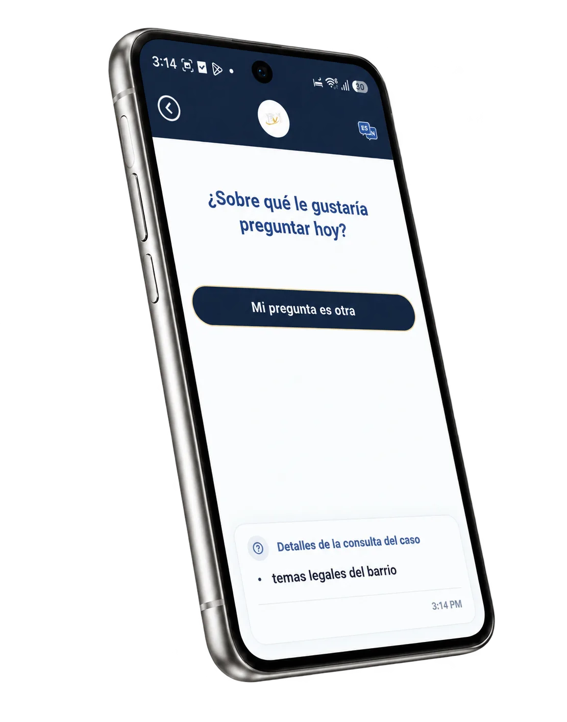 Pantalla de la app para elegir el tema de la consulta legal.
